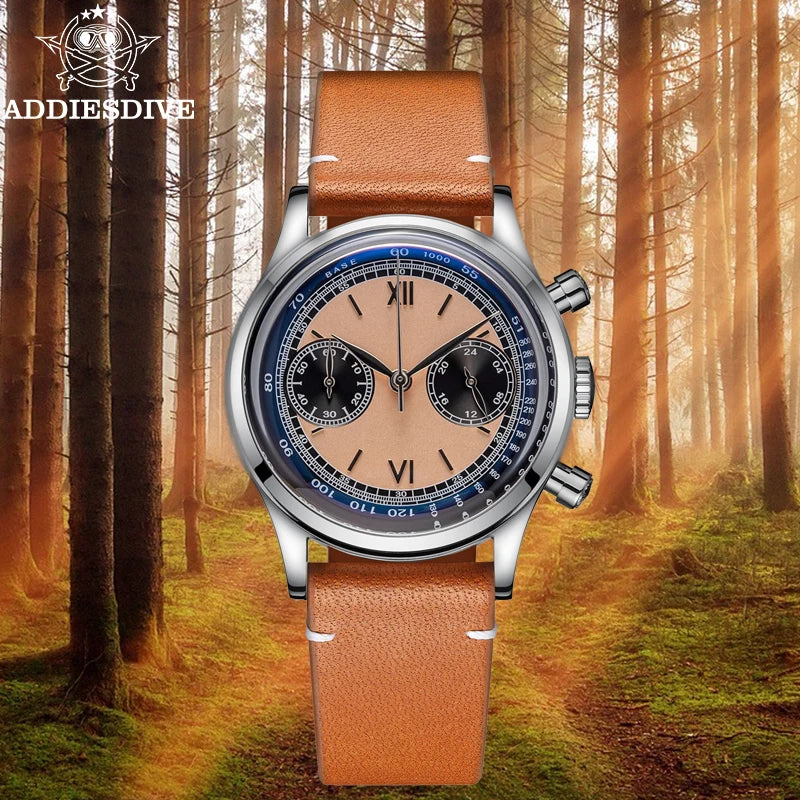 ADDIESDIVE 38mm Chronograph Quartz Watch 60min Business 100m Diving Men's Leather Watches Bubble Dome Mirror Retro Wristwatches