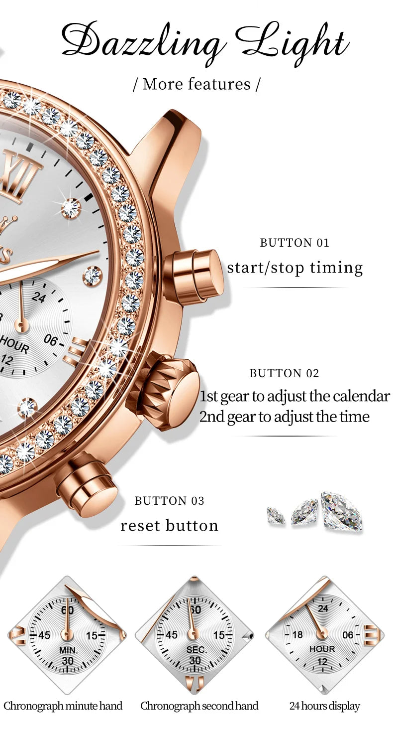 OLEVS 9933 Women' Watches Luxury Brand Diamond Quartz Wristwatch Waterproof Luminous   Leather Strap Multifunction Ladies Watch