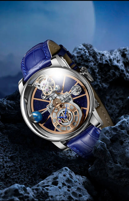 PINDU Design Man Wristwatch Transparent Hollow Design Celestial Roulette Quartz Watches Water Resistant Leather Men's Watch Box
