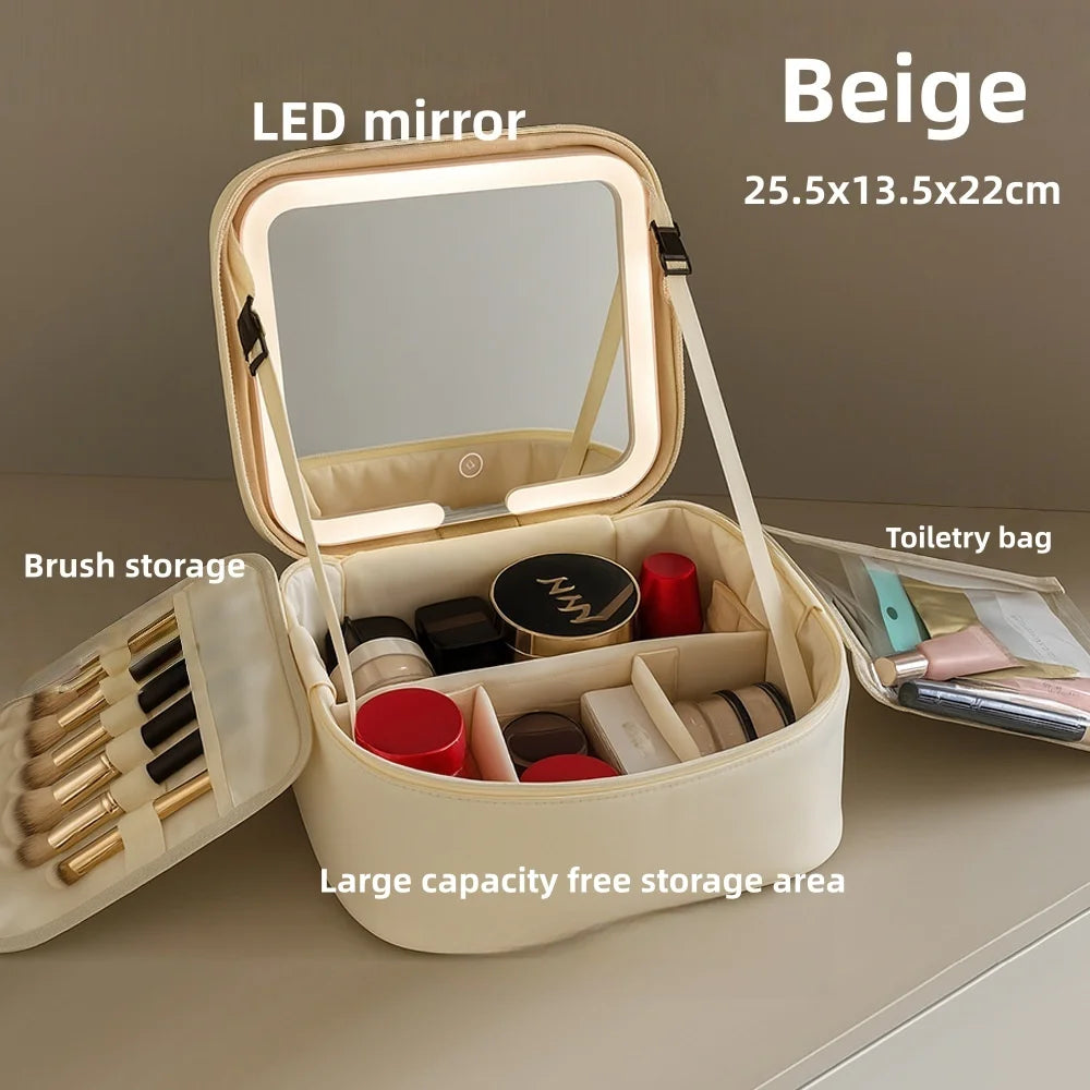 Makeup Bag With LED Mirror Large Capacity Travel Portable With Toilet Storage Bag and Mirror Women's Makeup Bag Organizer