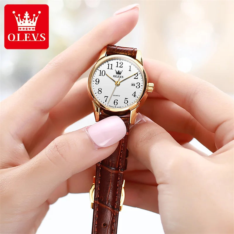 OLEVS Brand Fashion Simple Quartz Watch for Women Leather Strap Waterproof Calendar Womens Watches Elegant Female Clock