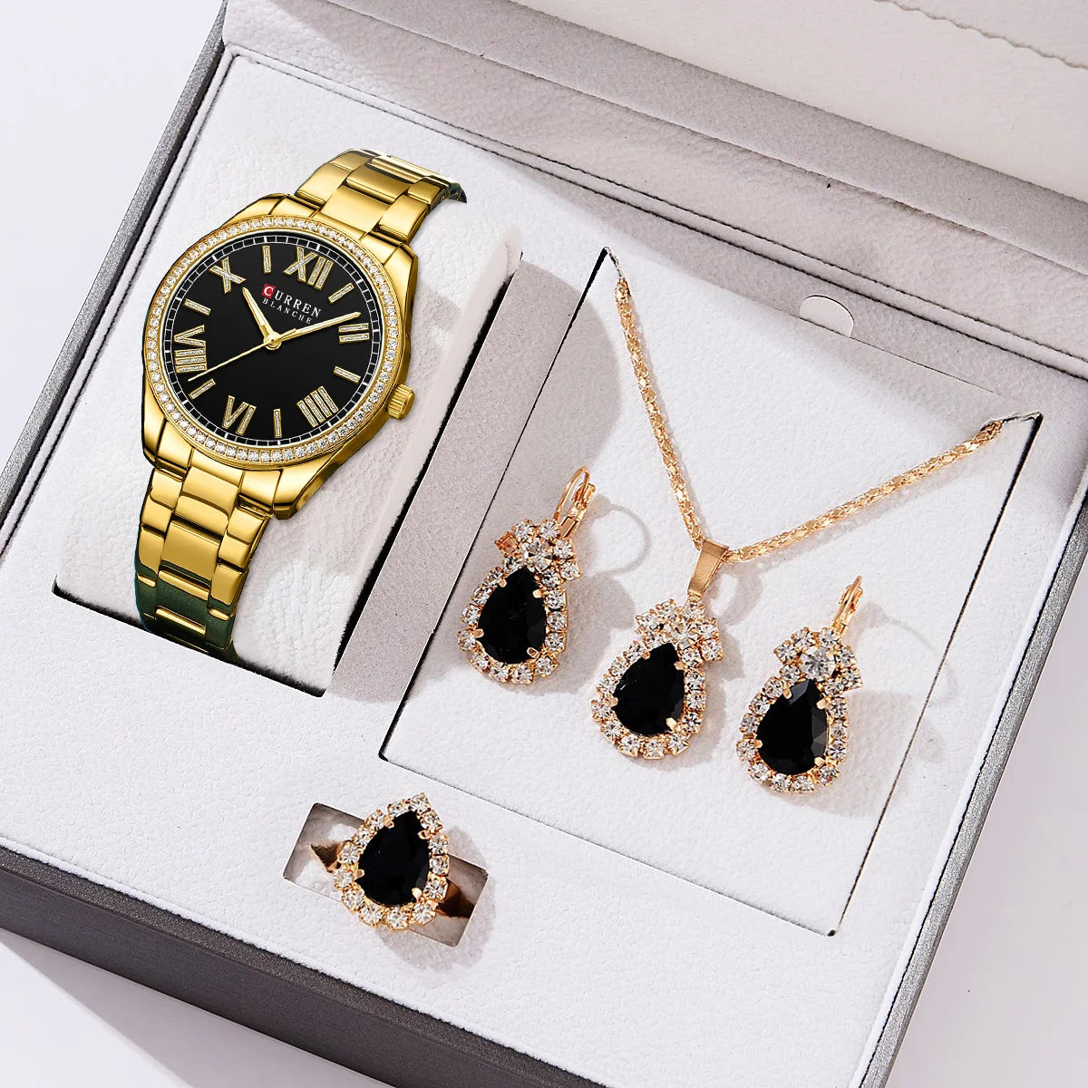 CURREN Luxury Watch Women Ring Necklace Earrings Rhinestone Fashion Wristwatch Female Casual Ladies Watches Bracelet 5PCS Set
