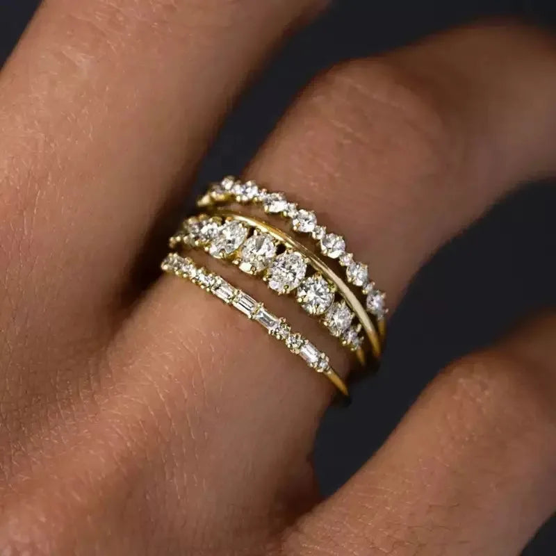 New 4pcs 14k Gold Plated Stacking Rings with Shining Zirconia - Perfect ForWeddings, Parties, and Everyday Wear