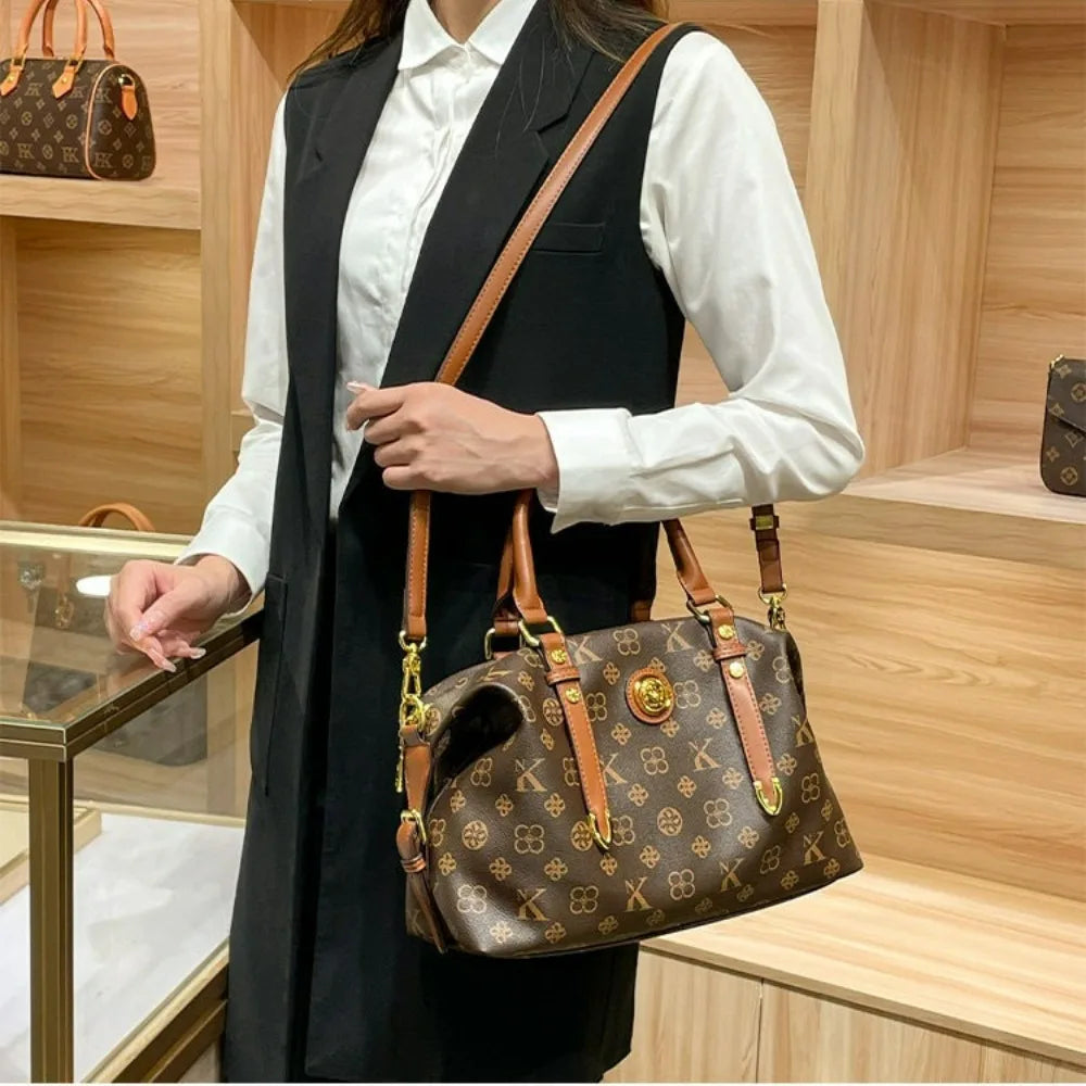 Handbag 2026 new retro printed versatile travel large capacity shoulder bag Boston crossbody bag multiple compartments