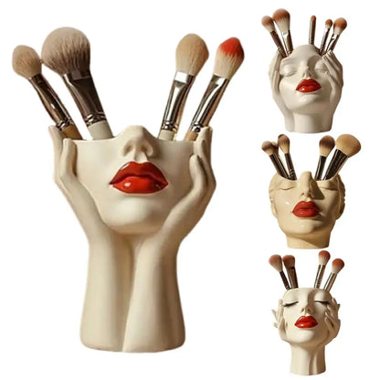 Cosmetic Brush Holder Makeup Organizer For Brushes Women's Head Design Boho Aesthetic Decorative Resin Decoration For Bathroom