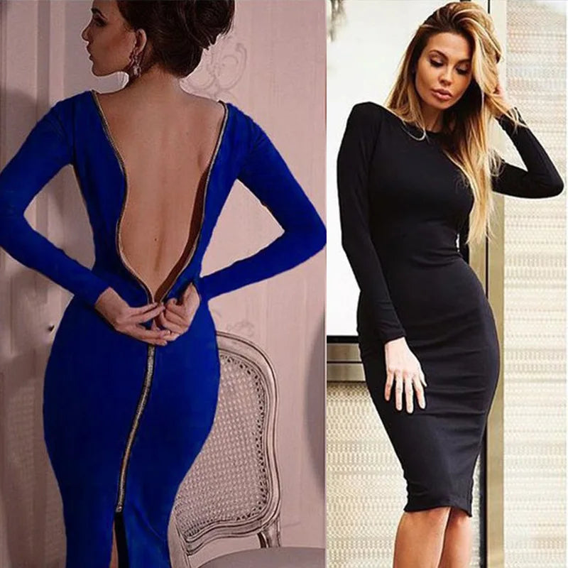 Spring new large size Bodycon dress Solid Color Round neck long sleeve Back zipper