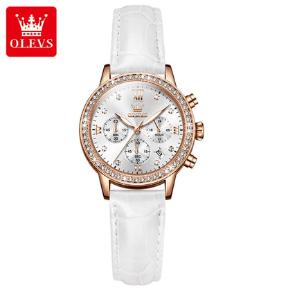 OLEVS Fashion Diamond Watches For Women Luxury Brand Rose Gold Case Ladies Quartz Watch White Leather Strap reloj para mujer