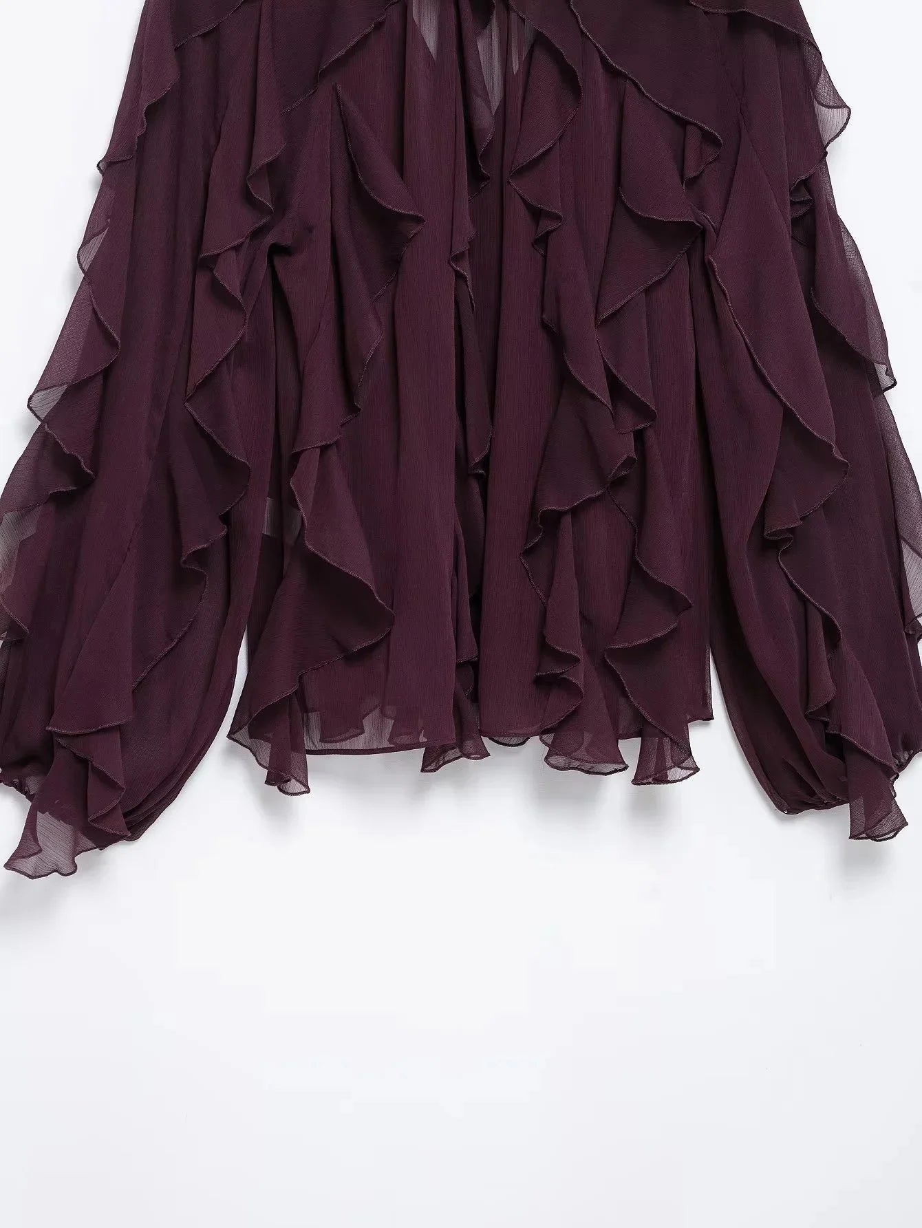 KONDALA Burgundy Mesh Ruffles Shirts For Women Elegant Long Sleeve See Through Loose Tops 2025 New Female High Street Partywear