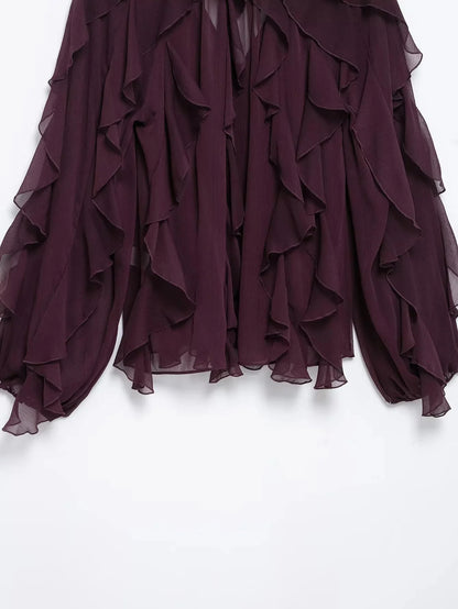 KONDALA Burgundy Mesh Ruffles Shirts For Women Elegant Long Sleeve See Through Loose Tops 2025 New Female High Street Partywear