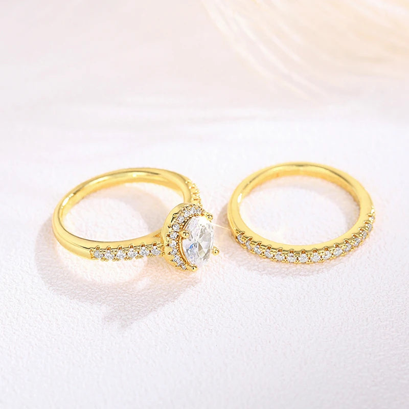 Huitan Gold Color/Rose Gold Color 2Pcs Set Wedding Rings for Women Luxury Cubic Zirconia Engagement Party Female Trendy Jewelry