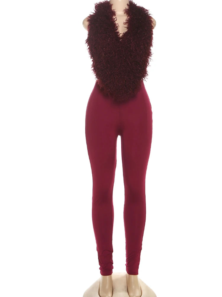 Nibber Hipster 2-Piece Set Women Plush Tassel Lace-Up Halter v-Neck Backless Vest+High Elasticity Trouser Sexy Midnight Suits