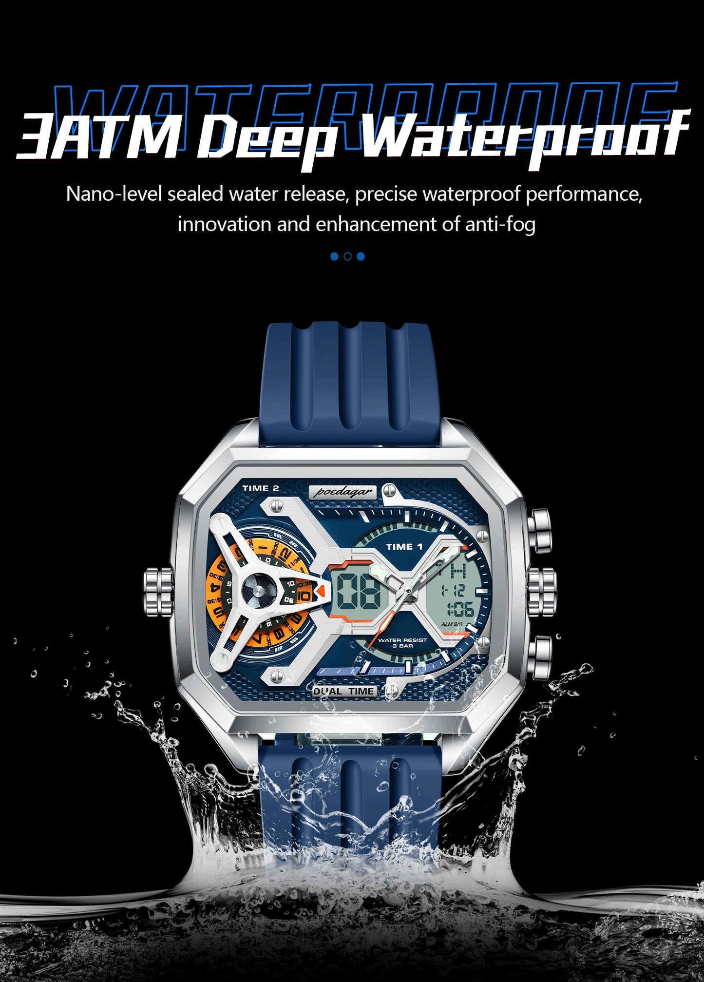 POEDAGAR Luxury Men Wristwatch Date Week Luminous LED Quartz Man Clock Silicone Strap Electronic Dual Time Fashion Men's Watches