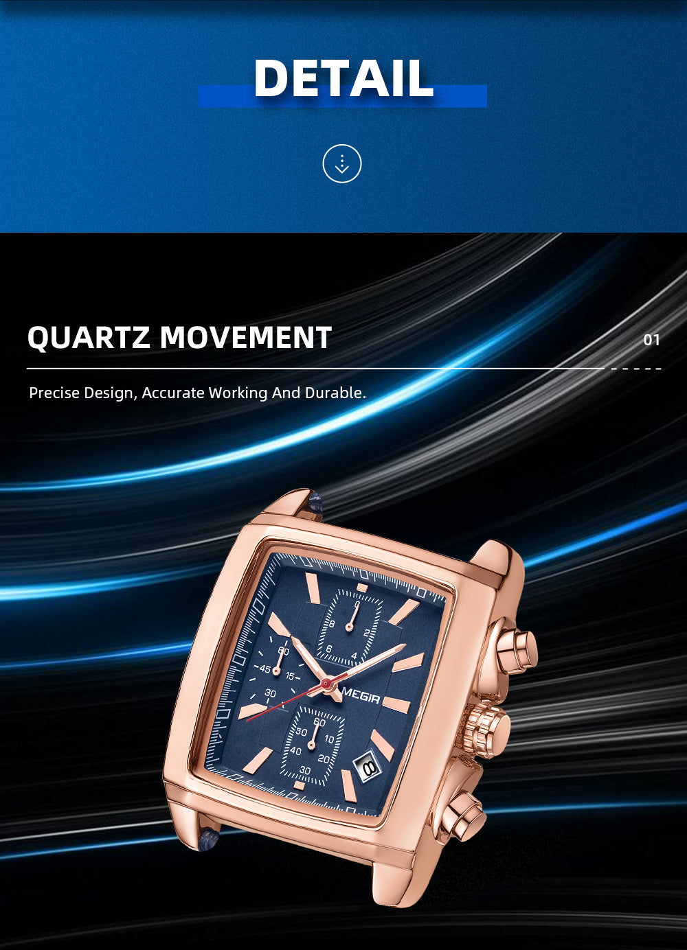 MEGIR Fashion Casual Men Chronograph Quartz Watch Top Brand Military Sport Wristwatch Man Rectangle  Leather Watches Male 2028