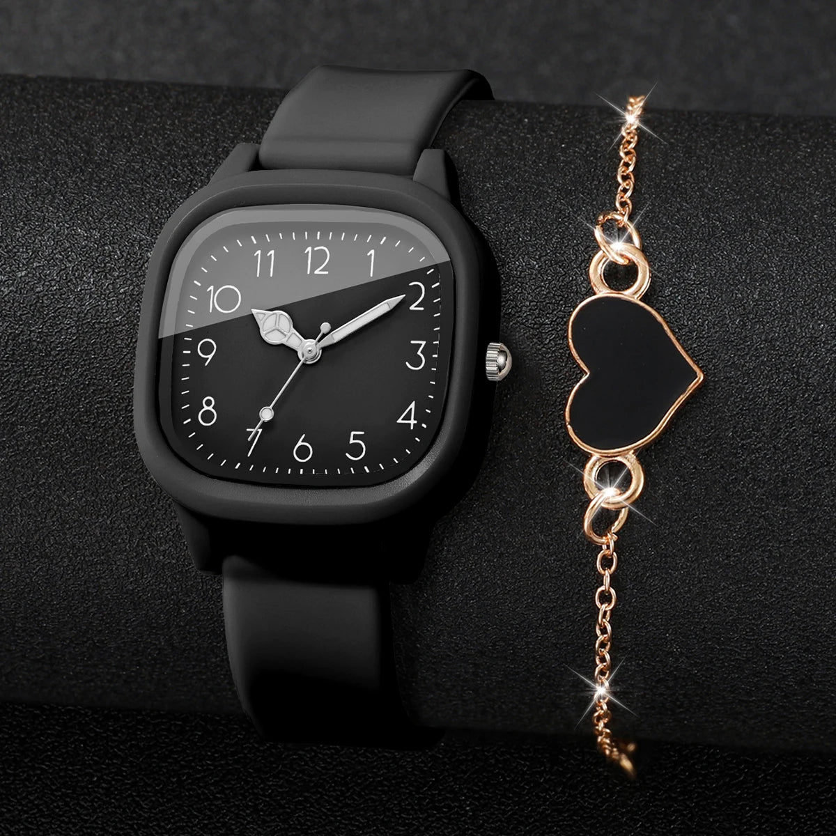 4PCS Fashion Square Women Watches Heart Bracelet Set Arabic Dial Silicone Strap Quartz Wristwatch Reloj Mujer Girls(Without Box)