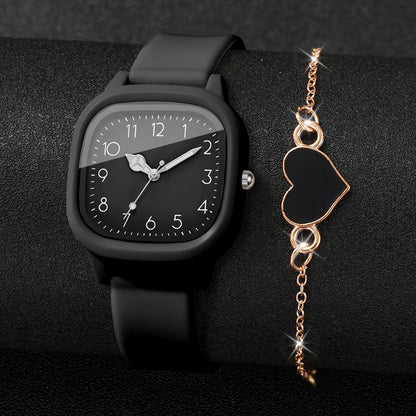 4PCS Fashion Square Women Watches Heart Bracelet Set Arabic Dial Silicone Strap Quartz Wristwatch Reloj Mujer Girls(Without Box)