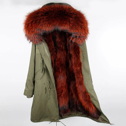Maomaokong Winter Woman Natural Fur Overcoat Plus Size Black Parkas Raccoon Real Fur Lining Extra Larg Warm Jacket Coats Long