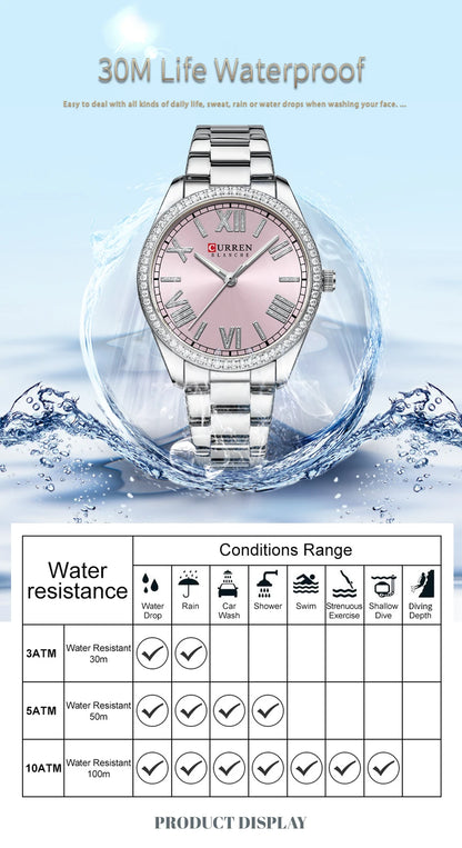 CURREN Luxury Watch Women Ring Necklace Earrings Rhinestone Fashion Wristwatch Female Casual Ladies Watches Bracelet 5PCS Set