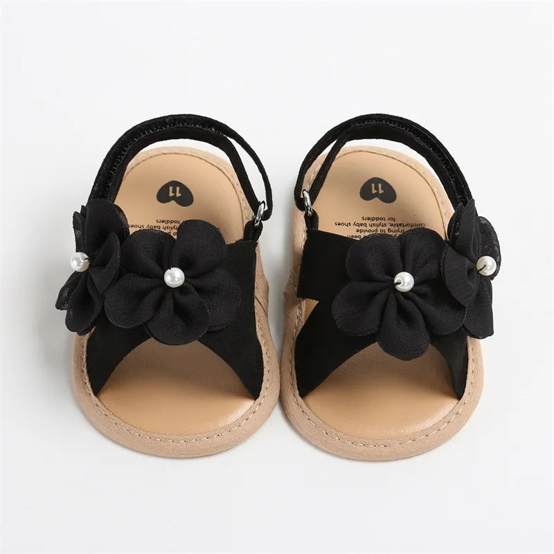 Sandálias de verão para bebês meninas de 0 a 18 meses, decorações de flores 3d fofas, sapatos de sola plana antiderrapantes, sapatos para primeiros passos recém-nascidos