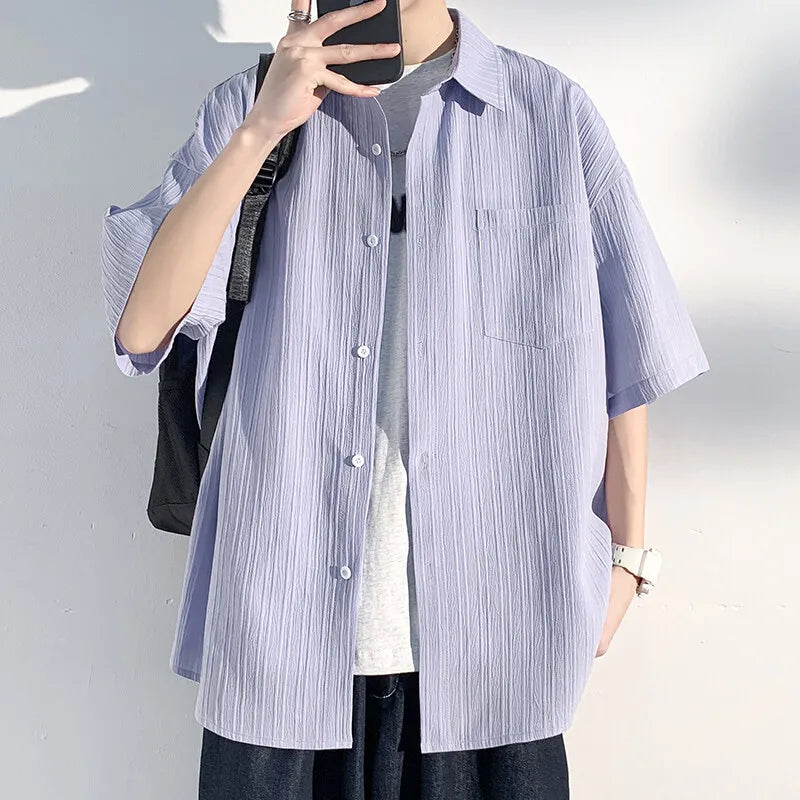 LEGIBLE Summer Shirts Men Loose Thin Cotton Short Sleeve Shirts Male Fashion Stand Solid Color 4XL 5XL