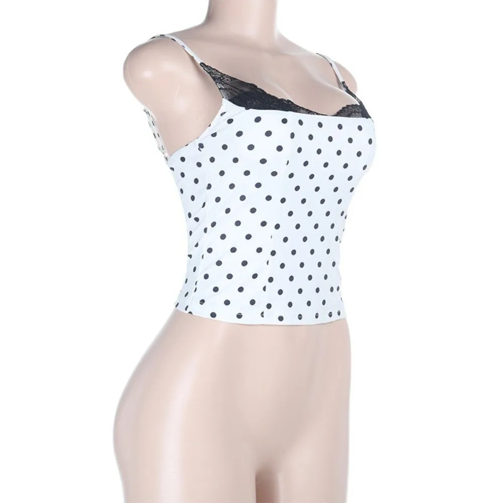 New Lace Splicing Lace Camisole Top Polka Dot Sleeveless Design Polka Dot Top