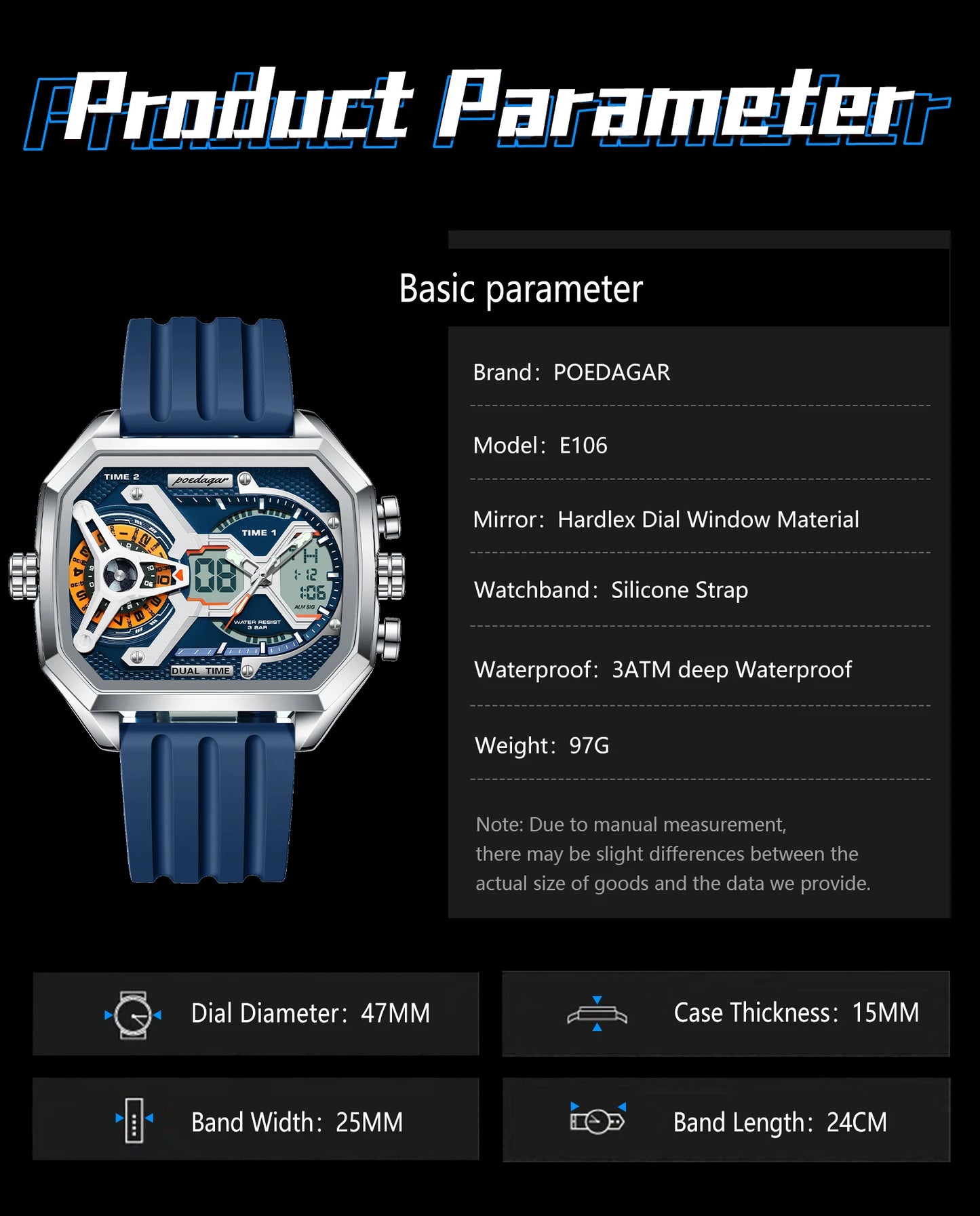 POEDAGAR Luxury Men Wristwatch Date Week Luminous LED Quartz Man Clock Silicone Strap Electronic Dual Time Fashion Men's Watches