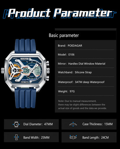 POEDAGAR Luxury Men Wristwatch Date Week Luminous LED Quartz Man Clock Silicone Strap Electronic Dual Time Fashion Men's Watches