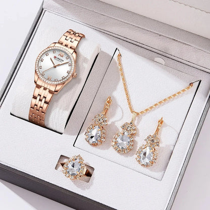 CURREN Luxury Watch Women Ring Necklace Earrings Rhinestone Fashion Wristwatch Female Casual Ladies Watches Bracelet 5PCS Set