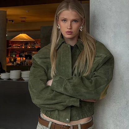 Vintage Suede Jacket For Women Long Sleeve Pocket Turn-down Collar Zipper Short Coat 2025 Autumn Winter Streetwear Lady Outwears