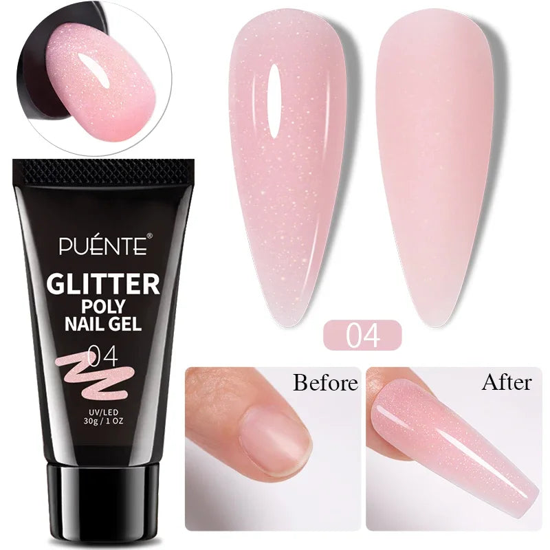 30ML Glitter Poly Nail Gel Hema Free Pink Glitter Acrylic Gel Finger Extension Nail Gel Semi-Permanent Nail Varnish For Manicure