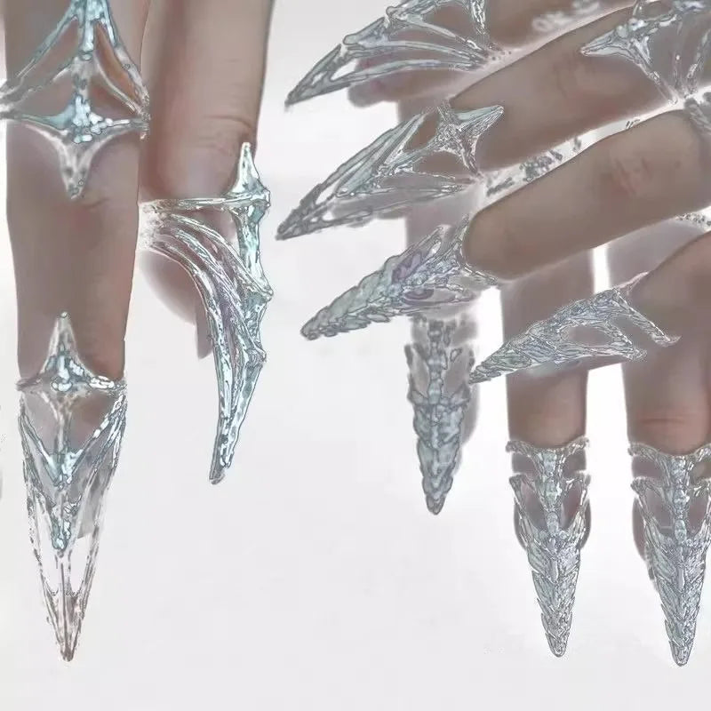 Punk Metal Nail Cover Bone Ring for Women Gothic Rock Machinery Manicure Fingertip Ring Finger Rings Cosplay Jewelry Set Gift