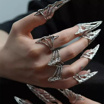 Punk Metal Nail Cover Bone Ring for Women Gothic Rock Machinery Manicure Fingertip Ring Finger Rings Cosplay Jewelry Set Gift
