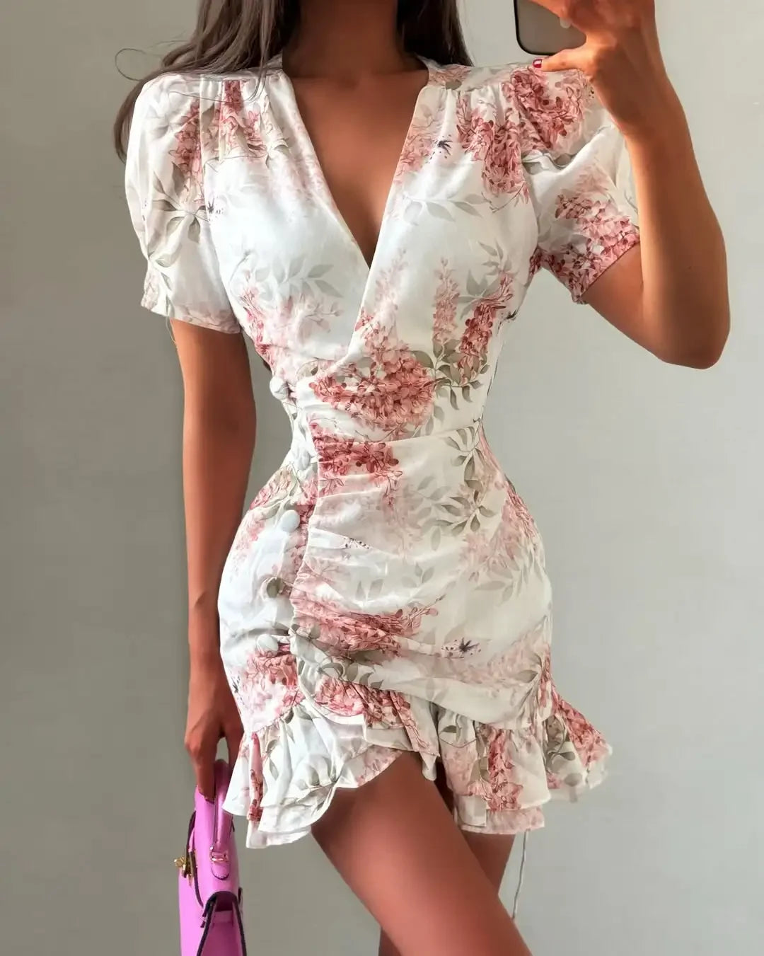 Chic Ruffle Print Slim Fit Dress Women Chic Flared sleeves V-neck 2026