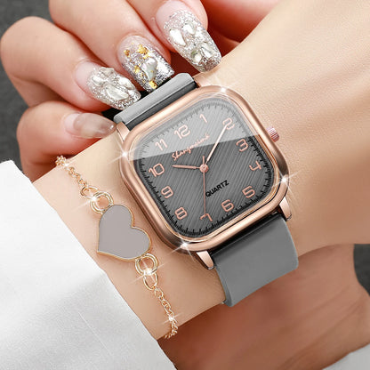 2PCS Fashion Square Arabic Dial Women Watches Heart Bracelet Set Casual Silicone Strap Quartz Watch Reloj Mujer（Without Box）