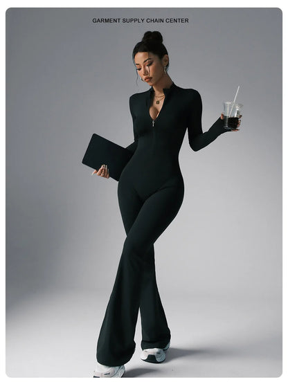 Nylon Yarn Zipper Long-sleeved Flare Pants Yoga One-piece Clothes Tight Fitness Sportswear Women's Jumpsuits