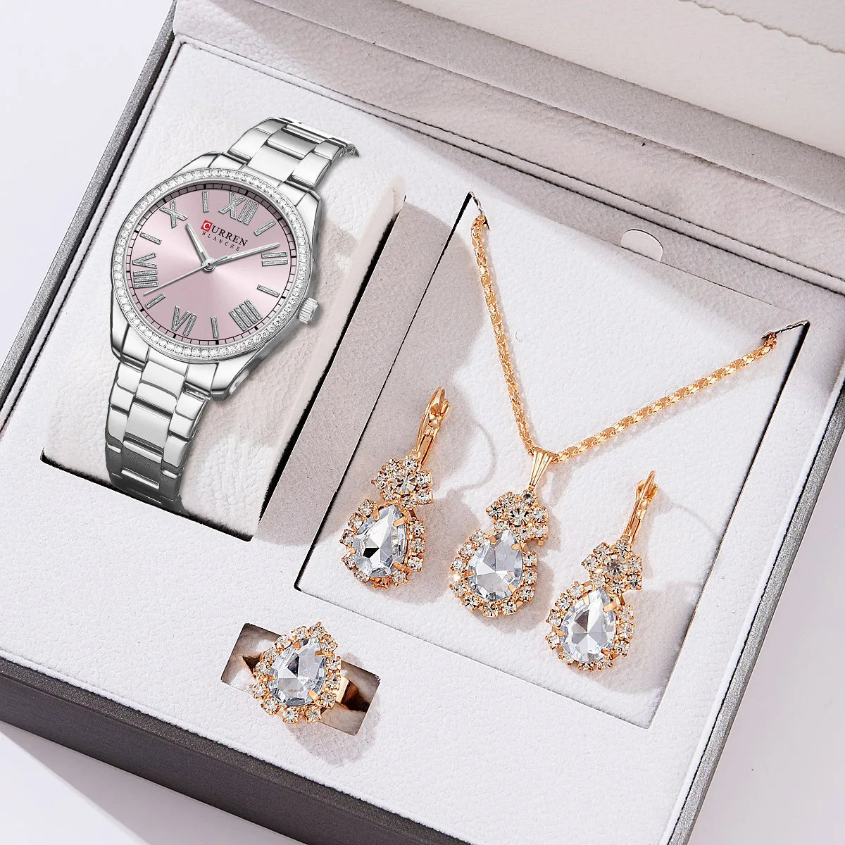 CURREN Luxury Watch Women Ring Necklace Earrings Rhinestone Fashion Wristwatch Female Casual Ladies Watches Bracelet 5PCS Set