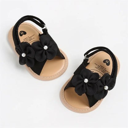 Sandálias de verão para bebês meninas de 0 a 18 meses, decorações de flores 3d fofas, sapatos de sola plana antiderrapantes, sapatos para primeiros passos recém-nascidos
