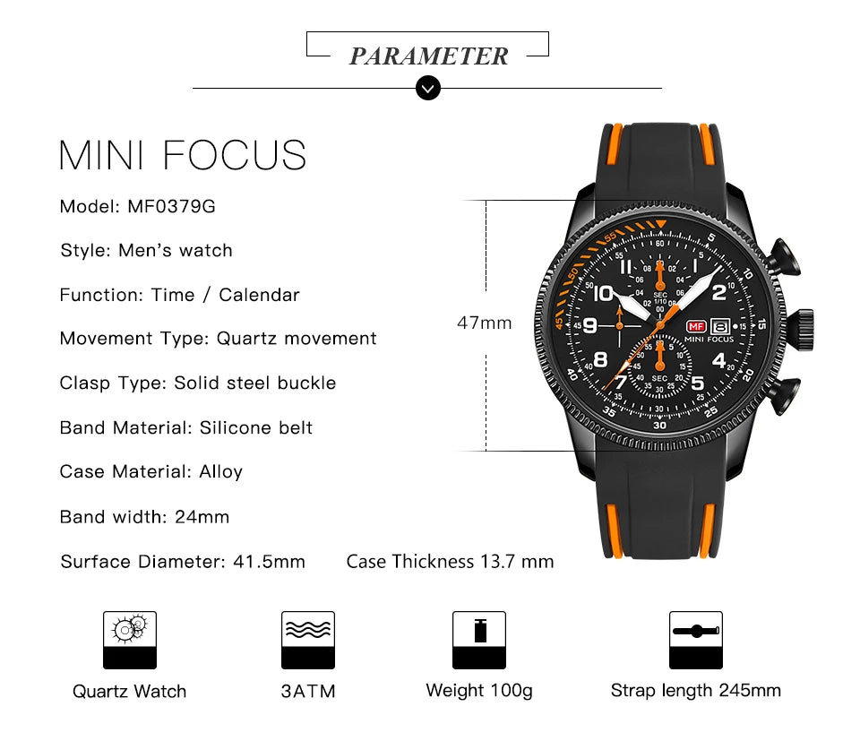 MINI FOCUS Sports Quartz Watch for Men Fashion Chronograph Waterproof Watches Silicone Strap Luminous Hands Wristwatches 0379