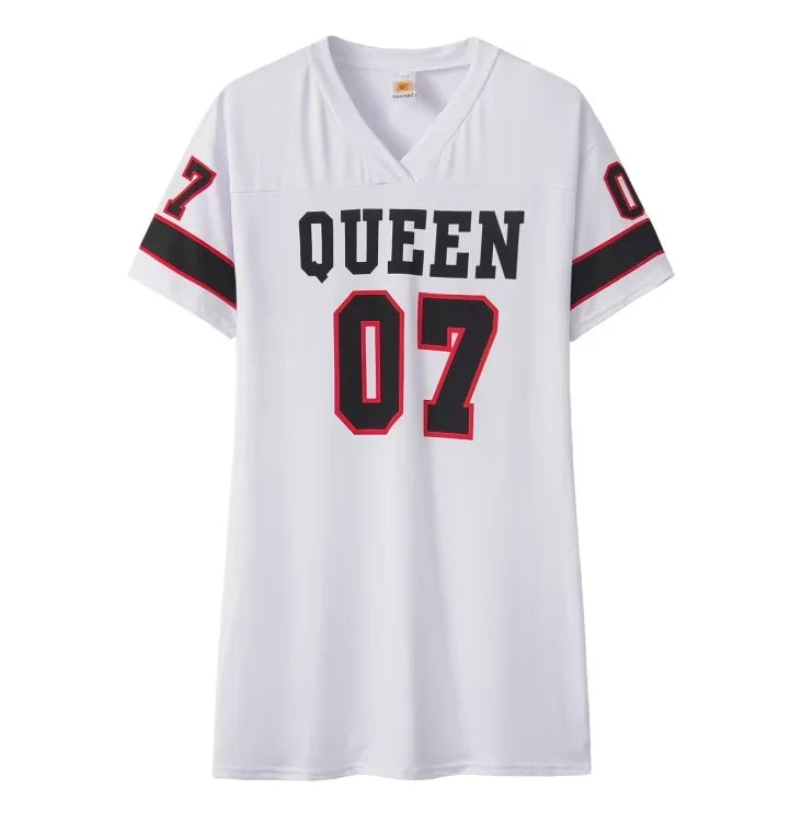 2025 New Fashion V-Neck Queen Letters Print Dress Short Sleeve