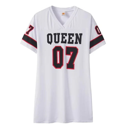 2025 New Fashion V-Neck Queen Letters Print Dress Short Sleeve