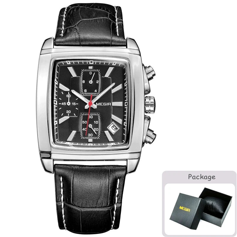 MEGIR Fashion Casual Men Chronograph Quartz Watch Top Brand Military Sport Wristwatch Man Rectangle  Leather Watches Male 2028