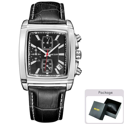 MEGIR Fashion Casual Men Chronograph Quartz Watch Top Brand Military Sport Wristwatch Man Rectangle  Leather Watches Male 2028