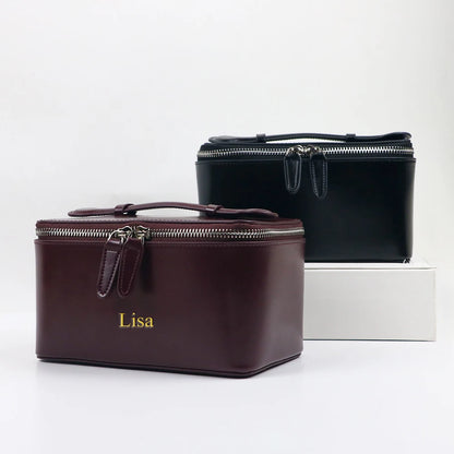 Customized name leather hand-held makeup case and beauty bag, portable storage large-capacity handbag