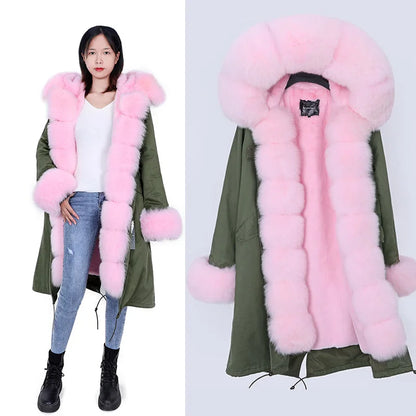 Maomaokong Winter Woman Natural Fur Overcoat Plus Size Black Parkas Raccoon Real Fur Lining Extra Larg Warm Jacket Coats Long