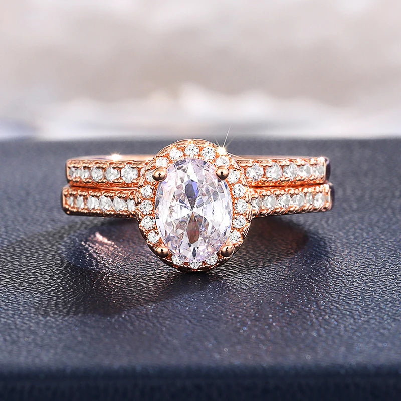 Huitan Gold Color/Rose Gold Color 2Pcs Set Wedding Rings for Women Luxury Cubic Zirconia Engagement Party Female Trendy Jewelry