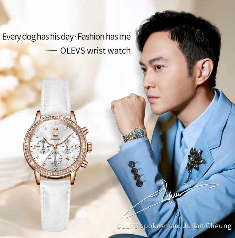 OLEVS 9933 Women' Watches Luxury Brand Diamond Quartz Wristwatch Waterproof Luminous   Leather Strap Multifunction Ladies Watch