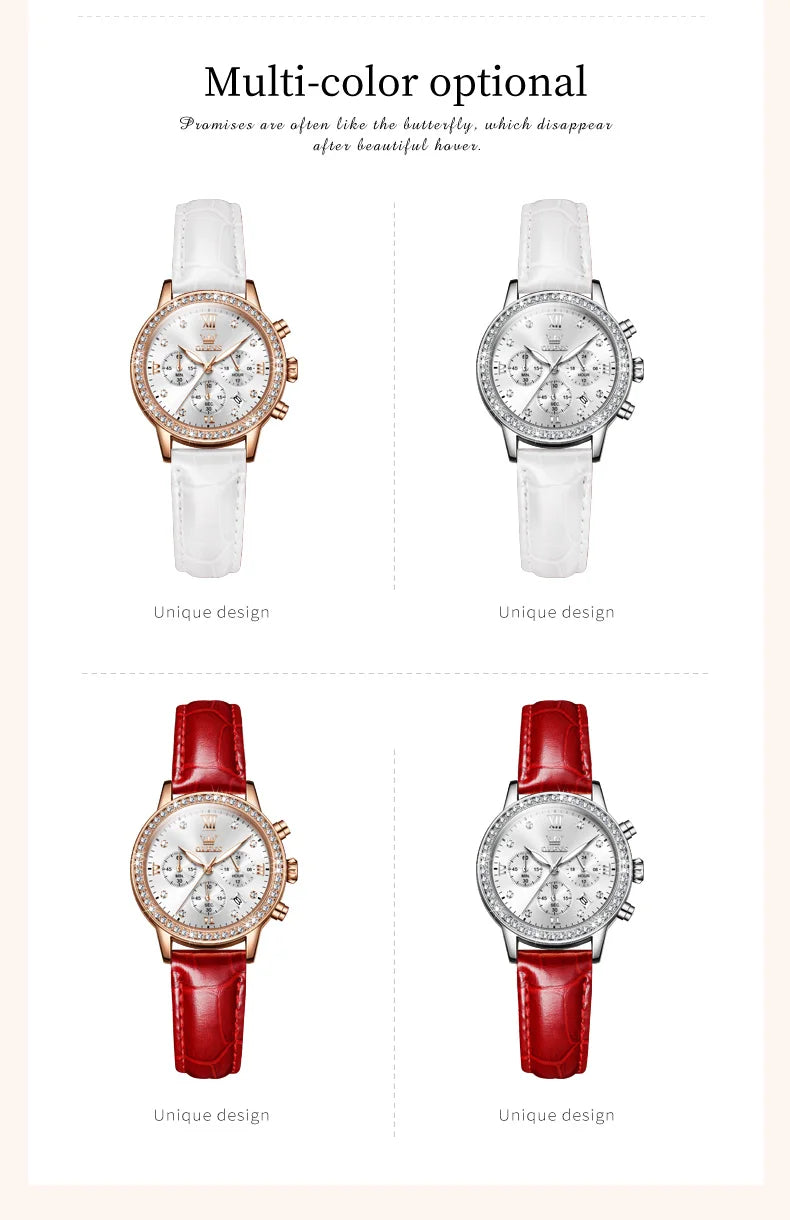 OLEVS 9933 Women' Watches Luxury Brand Diamond Quartz Wristwatch Waterproof Luminous   Leather Strap Multifunction Ladies Watch
