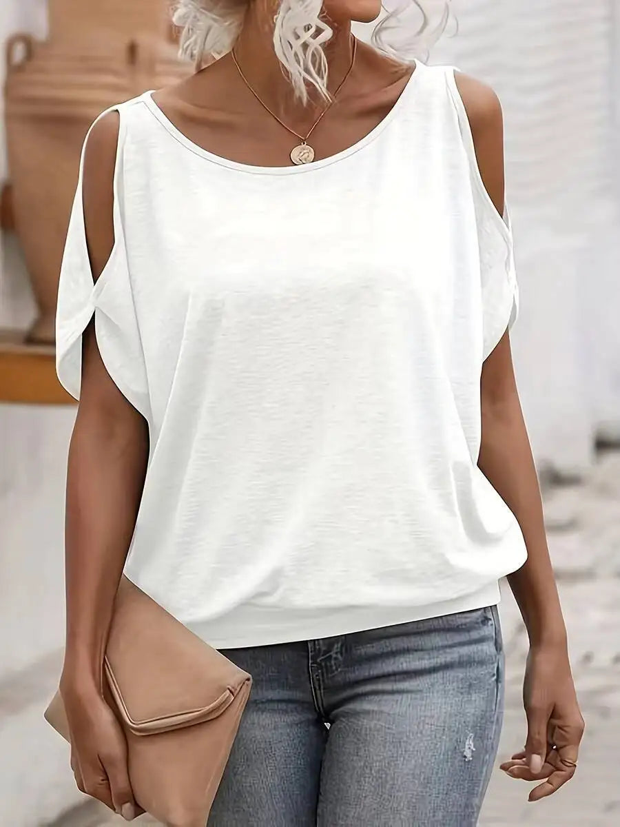 Women's Tee Top Cold Shoulder Short Sleeve Solid Soft Knit Loose Tops Casual