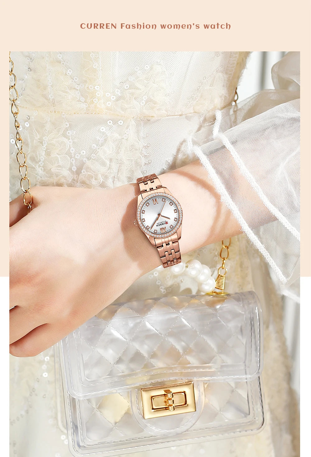 CURREN Luxury Watch Women Ring Necklace Earrings Rhinestone Fashion Wristwatch Female Casual Ladies Watches Bracelet 5PCS Set
