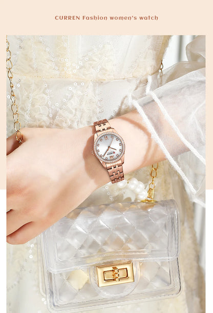 CURREN Luxury Watch Women Ring Necklace Earrings Rhinestone Fashion Wristwatch Female Casual Ladies Watches Bracelet 5PCS Set