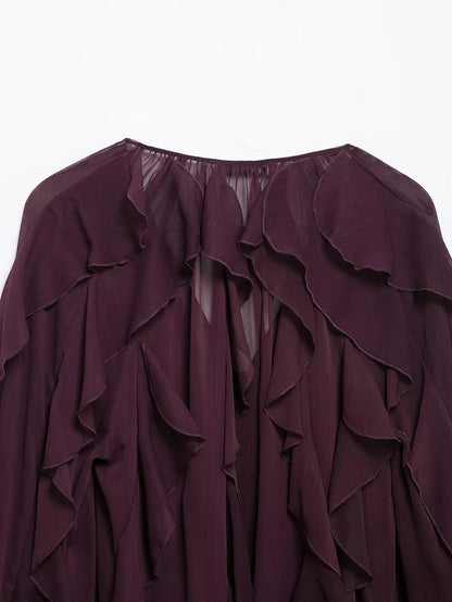 KONDALA Burgundy Mesh Ruffles Shirts For Women Elegant Long Sleeve See Through Loose Tops 2025 New Female High Street Partywear